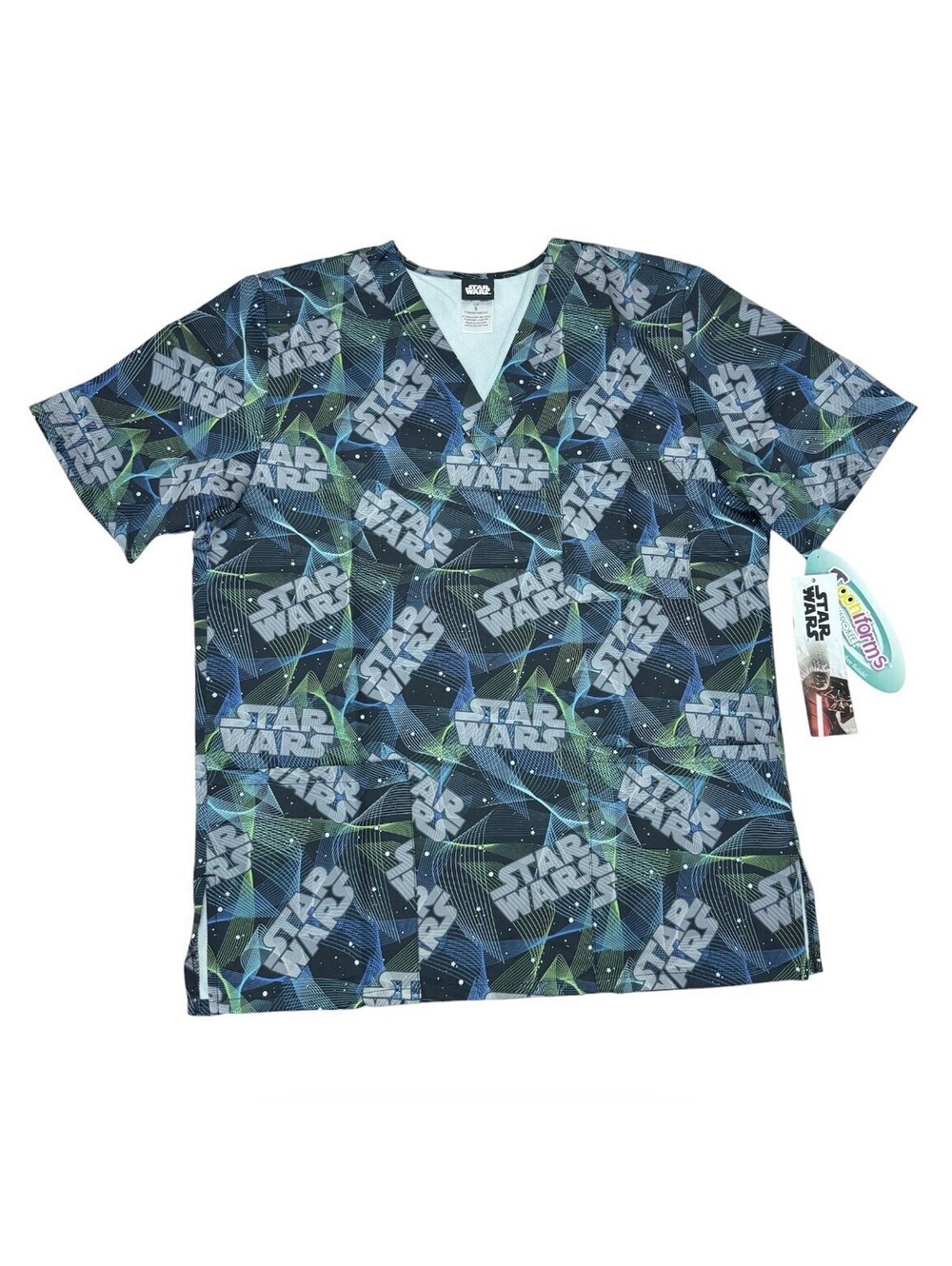 (RF) Star Wars Tooniforms Medical Scrub Top Small Black Green Sci-Fi NWT V-Neck